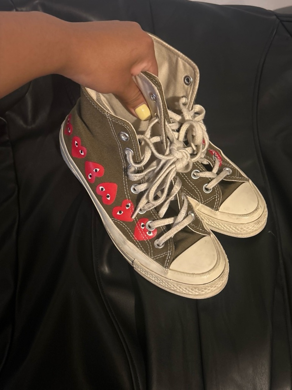 Comme des Garcons Olive High-Top Sneakers with Red Heart Motifs